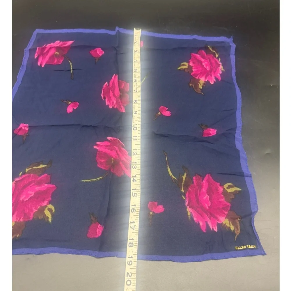 Ellen Tracy Vintage Square Scarf Navy Blue Pink Floral Rose Print Sheer